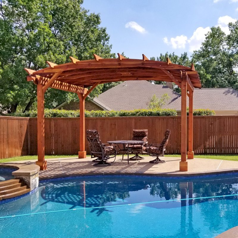 Arched Pergola Kit (Options: 12' L x 16' Arc W, California Redwood, Electrical Wiring Trim Kit for 1 Post, 4 Post Anchor Kit for Concrete, 1 Ceiling Fan Base, No Privacy Panels, No Curtain Rods, 9' Post Height, Transparent Premium Sealant). Photo Courtesy of Trudy & Dog Heatherly of Coppell, Texas. Arched Pergola Kit (Options: 12' L x 16' Arc W, California Redwood, Electrical Wiring Trim Kit for 1 Post, 4 Post Anchor Kit for Concrete, 1 Ceiling Fan Base, No Privacy Panels, No Curtain Rods, 9' Post Height, Transparent Premium Sealant). Photo Courtesy of Trudy & Dog Heatherly of Coppell, Texas.