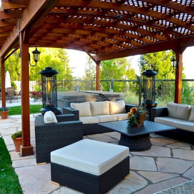 Arched Pergola Kits (Options: 35' L x 18' Arc W, California Redwood, Electrical Wiring Trim for 1 Post, 6-Post Anchor Kit for Stone, No Ceiling Fan Base, No Privacy Panels, No Curtain Rods, 9' Post Height, Transparent Premium Sealant). Photo courtesy of Mark Strider of Danville CA.