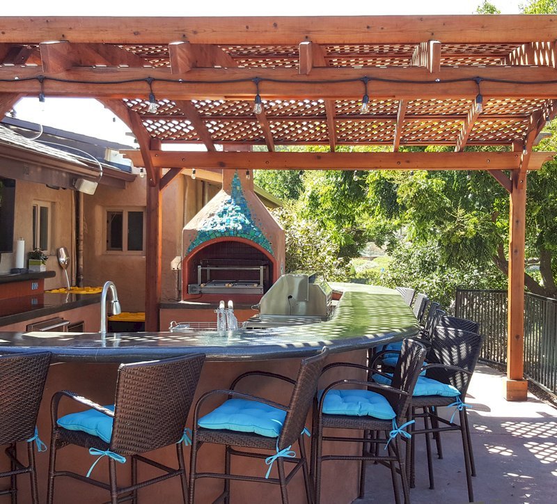 Arched Pergola Kits (Options: 15' L x 15' Arc W, Old-Growth Redwood, Unattached, Electrical Wiring Trim for 2 Posts, Arched Roof with Lattice Panels, 4 Post Anchor Kit for Stone, 1 Ceiling Fan Base, No Privacy Panels, No Curtain Rods, 9' Post Height, Transparent Premium Sealant). Photo Courtesy of Dennis Landall of Arcadia, CA. Arched Pergola Kits (Options: 15' L x 15' Arc W, Old-Growth Redwood, Unattached, Electrical Wiring Trim for 2 Posts, Arched Roof with Lattice Panels, 4 Post Anchor Kit for Stone, 1 Ceiling Fan Base, No Privacy Panels, No Curtain Rods, 9' Post Height, Transparent Premium Sealant). Photo Courtesy of Dennis Landall of Arcadia, CA.
