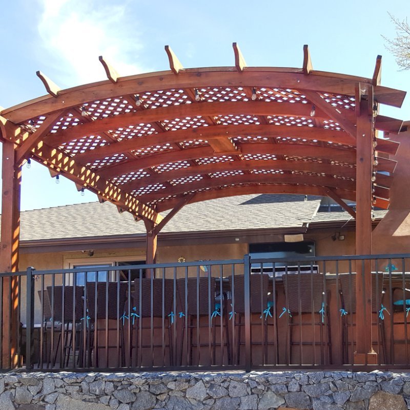 Arched Pergola Kits (Options: 15' L x 15' Arc W, Old-Growth Redwood, Unattached, Electrical Wiring Trim for 2 Posts, Arched Roof with Lattice Panels, 4 Post Anchor Kit for Stone, 1 Ceiling Fan Base, No Privacy Panels, No Curtain Rods, 9' Post Height, Transparent Premium Sealant). Photo Courtesy of Dennis Landall of Arcadia, CA. Arched Pergola Kits (Options: 15' L x 15' Arc W, Old-Growth Redwood, Unattached, Electrical Wiring Trim for 2 Posts, Arched Roof with Lattice Panels, 4 Post Anchor Kit for Stone, 1 Ceiling Fan Base, No Privacy Panels, No Curtain Rods, 9' Post Height, Transparent Premium Sealant). Photo Courtesy of Dennis Landall of Arcadia, CA.