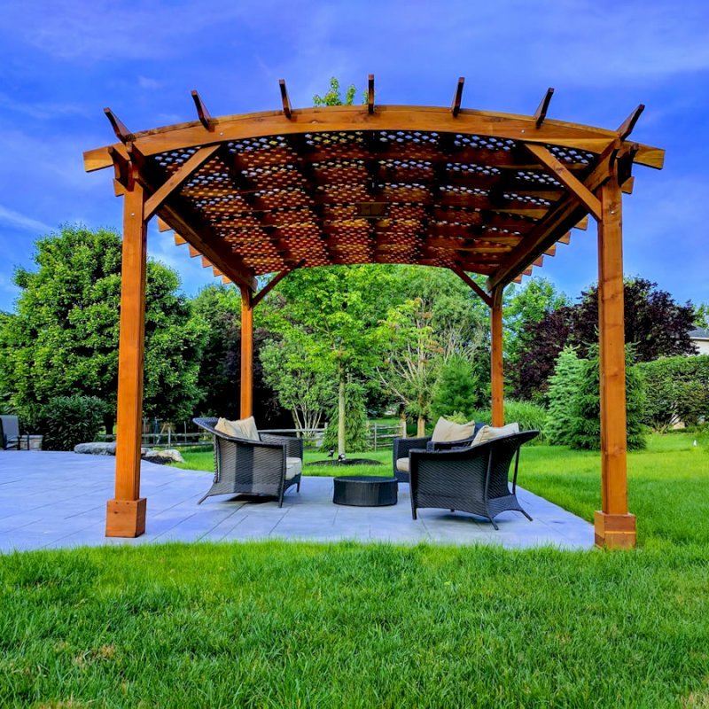 Arched Pergola Kits (Options: 18' L x 14' Arc W, No Privacy Panels, California Redwood, 9.5ft H, Include Electrical Wiring Trim for 2 Posts, Include 4-post Anchoring Kit for Stone, No Post Decorative Trim, Add Ceiling Fan Base, No Curtain Rods, Transparent Premium Sealant). Participant of Photo Contest 2017. Arched Pergola Kits (Options: 18' L x 14' Arc W, No Privacy Panels, California Redwood, 9.5ft H, Include Electrical Wiring Trim for 2 Posts, Include 4-post Anchoring Kit for Stone, No Post Decorative Trim, Add Ceiling Fan Base, No Curtain Rods, Transparent Premium Sealant). Participant of Photo Contest 2017.