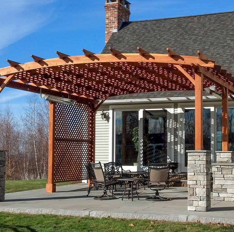 Arched Pergola Kits (Options: 20' L x 20' Arc W, California Redwood, Unattached, No Electrical Wiring Trim, Arched Roof with Lattice Panels, 6 Post Anchor Kit for Gale-Wind, No Ceiling Fan Base, 2 Privacy Panels, No Curtain Rods, with 6 Posts Instead of 4 by Custom Request, 9' Post Height, Transparent Premium Sealant). Photo Courtesy of Jessy Sirois of Hampden, Massachusetts. Arched Pergola Kits (Options: 20' L x 20' Arc W, California Redwood, Unattached, No Electrical Wiring Trim, Arched Roof with Lattice Panels, 6 Post Anchor Kit for Gale-Wind, No Ceiling Fan Base, 2 Privacy Panels, No Curtain Rods, with 6 Posts Instead of 4 by Custom Request, 9' Post Height, Transparent Premium Sealant). Photo Courtesy of Jessy Sirois of Hampden, Massachusetts.