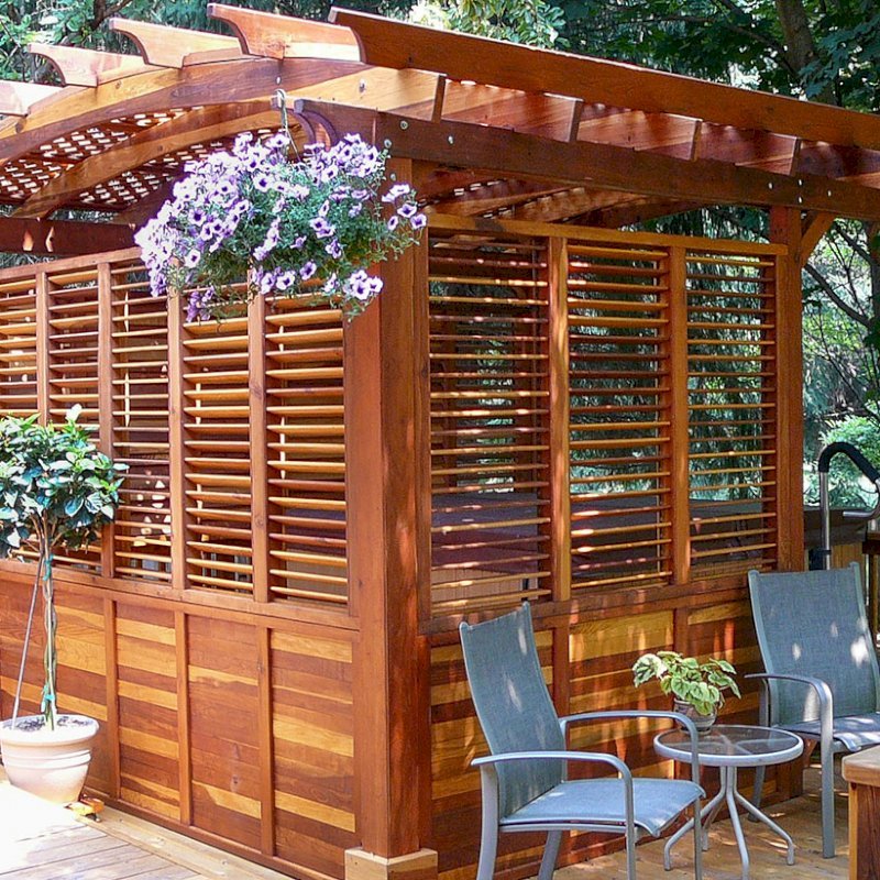 Arched Pergola Kits (Options: 16' L x 14' Arc W, With Wall Panel Louver Style, California Redwood, Unattached, No Electrical Wiring Trim, Arched Roof with Lattice Panels, 4 Post Anchor Kit for Stone, No Ceiling Fan Base, Privacy Panels, No Curtain Rods, 9' Post Height, Transparent Premium Sealant). Photo Courtesy of George Jackson of Commerce Township, Michigan. Arched Pergola Kits (Options: 16' L x 14' Arc W, With Wall Panel Louver Style, California Redwood, Unattached, No Electrical Wiring Trim, Arched Roof with Lattice Panels, 4 Post Anchor Kit for Stone, No Ceiling Fan Base, Privacy Panels, No Curtain Rods, 9' Post Height, Transparent Premium Sealant). Photo Courtesy of George Jackson of Commerce Township, Michigan.
