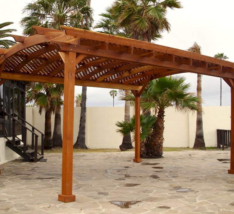 Arched Pergola Kits (Options: 20' L x 16' Arc W, California Redwood, Unattached, No Electrical Wiring Trim, Arched Roof with Lattice Panels, 4 Post Anchor Kit for Stone, No Ceiling Fan Base, No Privacy Panels, No Curtains Rods, 9' Post Height, Transparent Premium Sealant). Arched Pergola Kits (Options: 20' L x 16' Arc W, California Redwood, Unattached, No Electrical Wiring Trim, Arched Roof with Lattice Panels, 4 Post Anchor Kit for Stone, No Ceiling Fan Base, No Privacy Panels, No Curtains Rods, 9' Post Height, Transparent Premium Sealant).