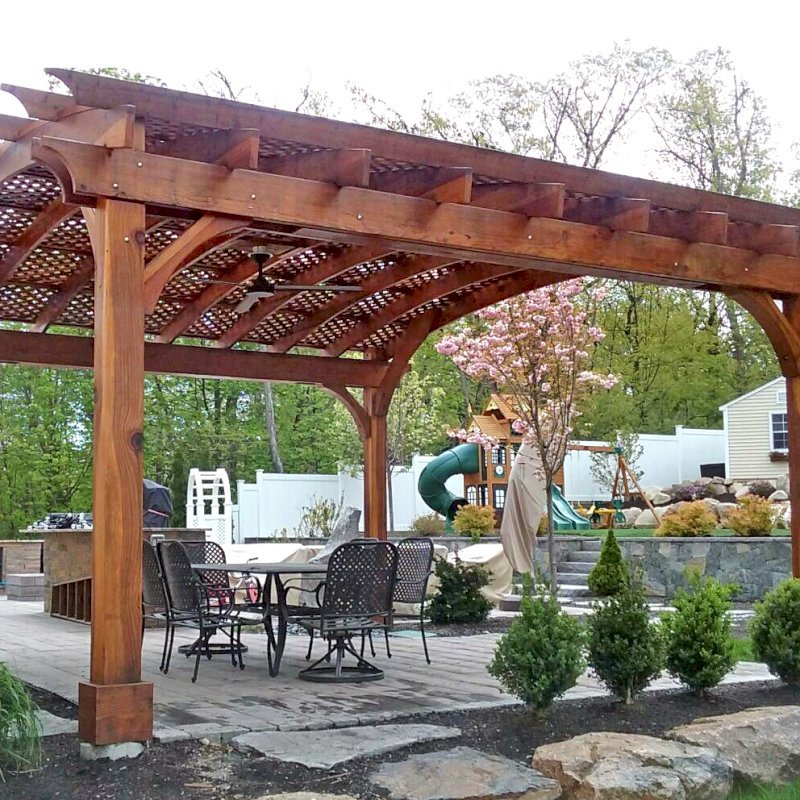 Arched Pergola Kit (Options: 18' L x 20' Arc W, California Redwood, Electrical Wiring Trim for 2 Posts, 4 Post Anchor Kit for Gale-Wind, 1 Ceiling Fan Base, No Privacy Panels, No Curtain Rods, 9.5' Post Height, Transparent Premium Sealant). Photo Courtesy of P. Cannistraci of Peabody, MA. Arched Pergola Kit (Options: 18' L x 20' Arc W, California Redwood, Electrical Wiring Trim for 2 Posts, 4 Post Anchor Kit for Gale-Wind, 1 Ceiling Fan Base, No Privacy Panels, No Curtain Rods, 9.5' Post Height, Transparent Premium Sealant). Photo Courtesy of P. Cannistraci of Peabody, MA.