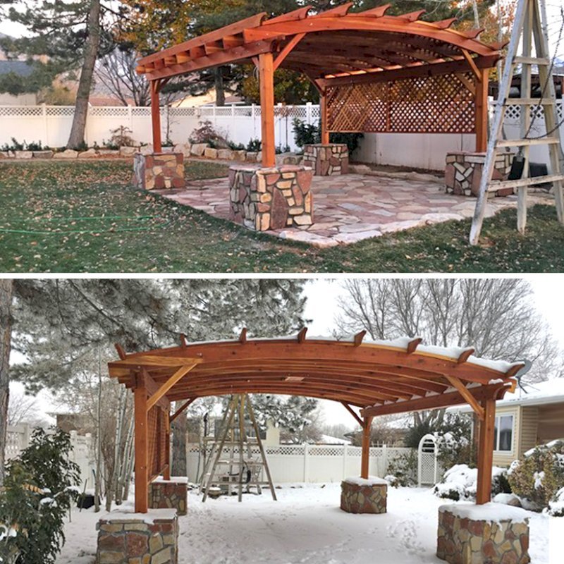 Arched Pergola Kit (Options: 18' L x 18' Arc W, California Redwood, 2 Electrical Wiring Trims, Arched Roof with Lattice Panels, 4 Post Anchor Kit for Gale-Wind, 1 Ceiling Fan Base, Privacy Panel on 1 Side, No Curtain Rods, Transparent Premium Sealant). Same structure photographed in early fall and in early winter - yes, Redwood will be fine in any weather for decades! Photo Courtesy of P. Halliday of Salt Lake City, UT. Arched Pergola Kit (Options: 18' L x 18' Arc W, California Redwood, 2 Electrical Wiring Trims, Arched Roof with Lattice Panels, 4 Post Anchor Kit for Gale-Wind, 1 Ceiling Fan Base, Privacy Panel on 1 Side, No Curtain Rods, Transparent Premium Sealant). Same structure photographed in early fall and in early winter - yes, Redwood will be fine in any weather for decades! Photo Courtesy of P. Halliday of Salt Lake City, UT.
