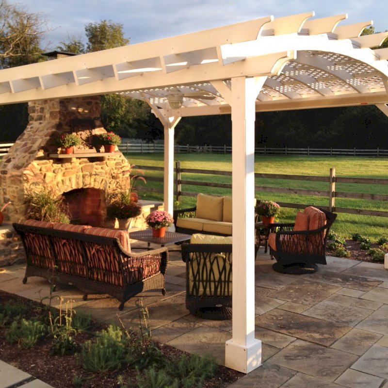 Arched Pergola Kits (Options: 18' L x 16' Arc W, California Redwood, Unattached, Electrical Wire Trim for 1 Post, Arched Roof with Lattice Panels, 4 Post Anchor Kit for Stone, Ceiling Fan Base, No Privacy Panels, No Curtain Rods, 9' Post Height, Off-White Oil-Based Primer). Photo Courtesy of Robert Stover of Center Valley, Pennsylvania. Arched Pergola Kits (Options: 18' L x 16' Arc W, California Redwood, Unattached, Electrical Wire Trim for 1 Post, Arched Roof with Lattice Panels, 4 Post Anchor Kit for Stone, Ceiling Fan Base, No Privacy Panels, No Curtain Rods, 9' Post Height, Off-White Oil-Based Primer). Photo Courtesy of Robert Stover of Center Valley, Pennsylvania.