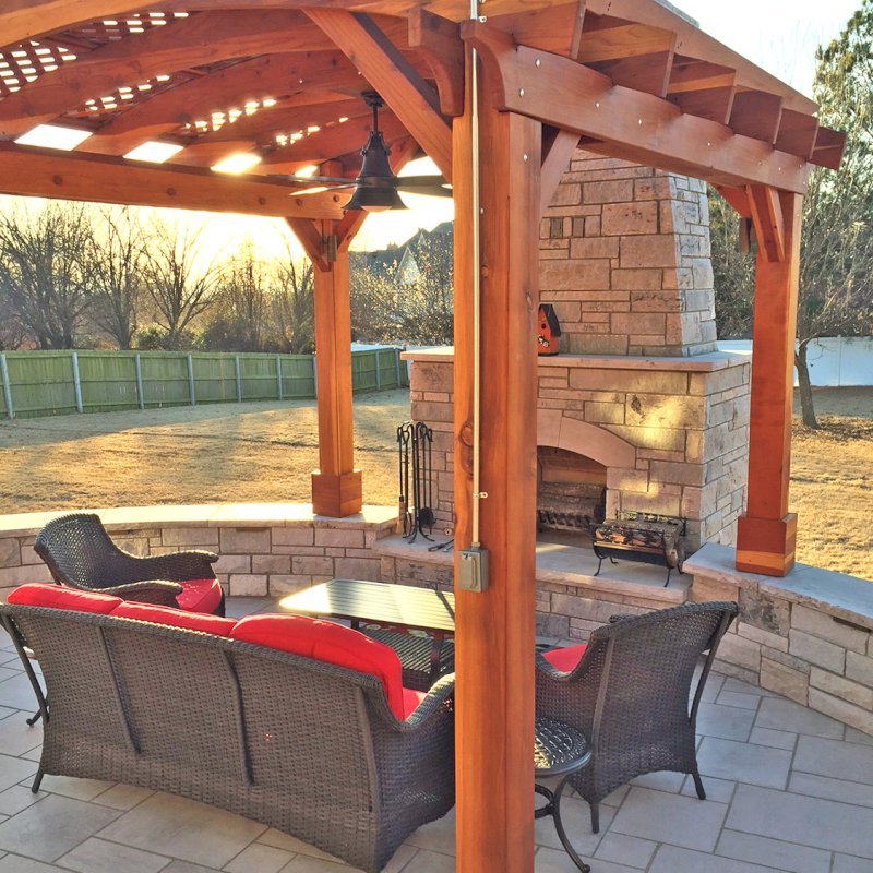 Arched Pergola Kit (Options: 12' L x 12' Arc W, California Redwood, No Electrical Wiring Trim, Arched Roof with Lattice Panels, 4 Post Anchor Kit for Concrete, 1 Ceiling Fan Base, No Privacy Panels, No Curtain Rods, Transparent Premium Sealant, 2 Posts Wrapped in Masonry, 8 x 8 Posts by Custom Request). Photo Courtesy of S. Hunter of Fort Smith, AR. Arched Pergola Kit (Options: 12' L x 12' Arc W, California Redwood, No Electrical Wiring Trim, Arched Roof with Lattice Panels, 4 Post Anchor Kit for Concrete, 1 Ceiling Fan Base, No Privacy Panels, No Curtain Rods, Transparent Premium Sealant, 2 Posts Wrapped in Masonry, 8 x 8 Posts by Custom Request). Photo Courtesy of S. Hunter of Fort Smith, AR.