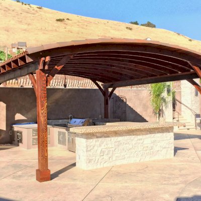 Arched Thick Timber Pavilion (Options: 24' L x 22' Arc W, California Redwood, No Electrical Wiring Trim, 4-Post Anchor Kit for Concrete, No Ceiling Fan Base, No Privacy Panel, No Curtain Rods, 10ft H, Transparent Premium Sealant).
