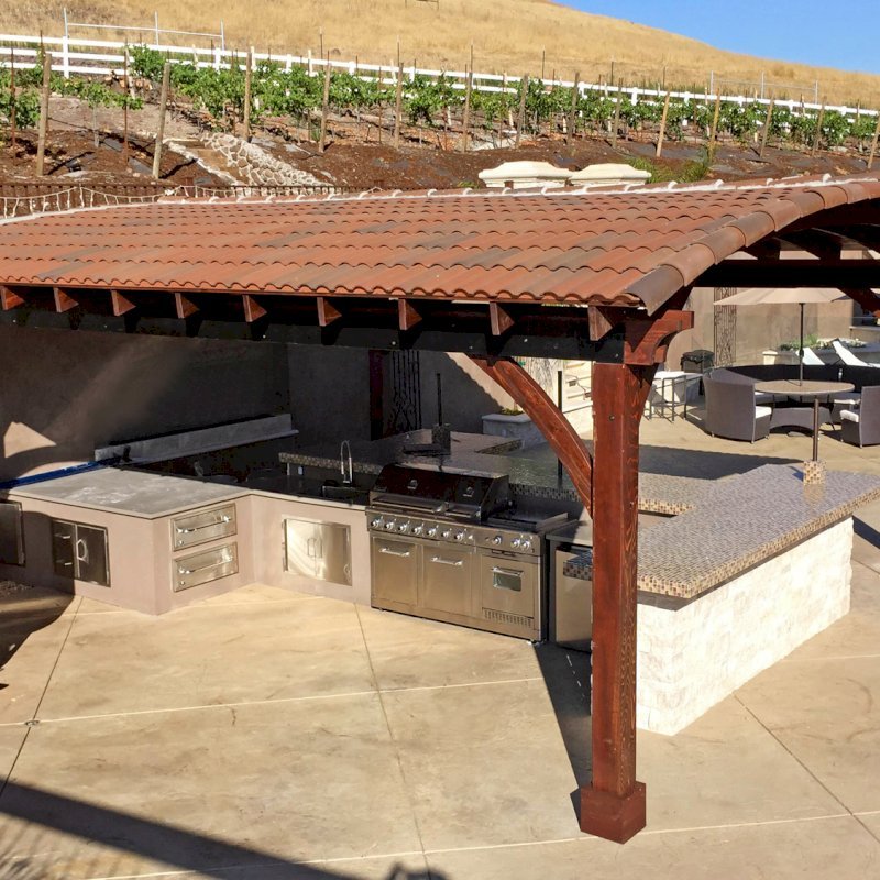 Arched Thick Timber Pavilion (Options: 24' L x 22' Arc W, California Redwood, No Electrical Wiring Trim, 4 Post Anchor Kit for Concrete, No Ceiling Fan Base, No Privacy Panel, No Curtain Rods, 10ft H, Transparent Premium Sealant). Arched Thick Timber Pavilion (Options: 24' L x 22' Arc W, California Redwood, No Electrical Wiring Trim, 4 Post Anchor Kit for Concrete, No Ceiling Fan Base, No Privacy Panel, No Curtain Rods, 10ft H, Transparent Premium Sealant).