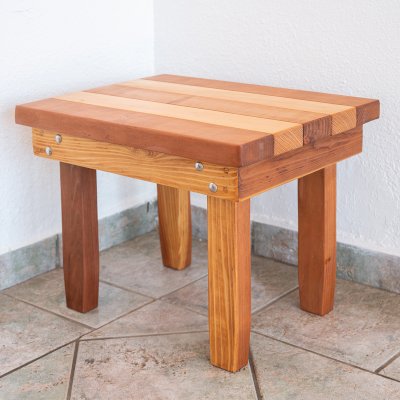 Ashley's Multi Colored Wood Table (Options: 24" L x 18" W, California Redwood and Old-Growth Redwood, 18"H, Transparent Premium Sealant).