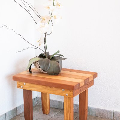Ashley's Multi Colored Wood Table (Options: 24" L x 18" W, California Redwood and Old-Growth Redwood, 18"H, Transparent Premium Sealant).