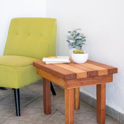 Ashley's Multi Colored Wood Table (Options: 24" L x 18" W, California Redwood and Old-Growth Redwood, 18"H, Transparent Premium Sealant).