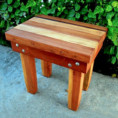 Ashley's Multi Colored Wood Table (Options: 18"L x 12"W, California Redwood and Old-Growth Redwood, 18"H, Transparent Premium Sealant).