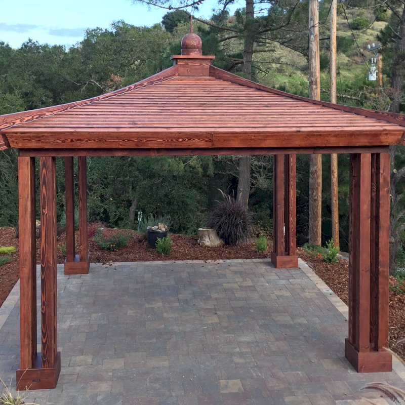Asian Fusion Pavilion (Options: 18 ft L x 18 ft W, Douglas-fir, 4-Asian Fusion Anchoring Selts, No Electrical Wiring Trim, 10 ft H, No Ceiling Fan, No Privacy Panels, No Curtaind Rods, Coffee-Stain Premium Sealant). Photo Courtesy of M. Chadha of Saratoga, CA. Asian Fusion Pavilion (Options: 18 ft L x 18 ft W, Douglas-fir, 4-Asian Fusion Anchoring Selts, No Electrical Wiring Trim, 10 ft H, No Ceiling Fan, No Privacy Panels, No Curtaind Rods, Coffee-Stain Premium Sealant). Photo Courtesy of M. Chadha of Saratoga, CA.