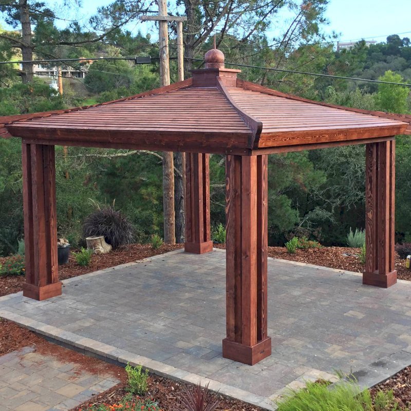 Asian Fusion Pavilion (Options: 18 ft L x 18 ft W, Douglas-fir, 4-Asian Fusion Anchoring Selts, No Electrical Wiring Trim, 10 ft H, No Ceiling Fan, No Privacy Panels, No Curtain Rods, Coffee-Stain Premium Sealant). Photo Courtesy of M. Chadha of Saratoga, CA. Asian Fusion Pavilion (Options: 18 ft L x 18 ft W, Douglas-fir, 4-Asian Fusion Anchoring Selts, No Electrical Wiring Trim, 10 ft H, No Ceiling Fan, No Privacy Panels, No Curtain Rods, Coffee-Stain Premium Sealant). Photo Courtesy of M. Chadha of Saratoga, CA.