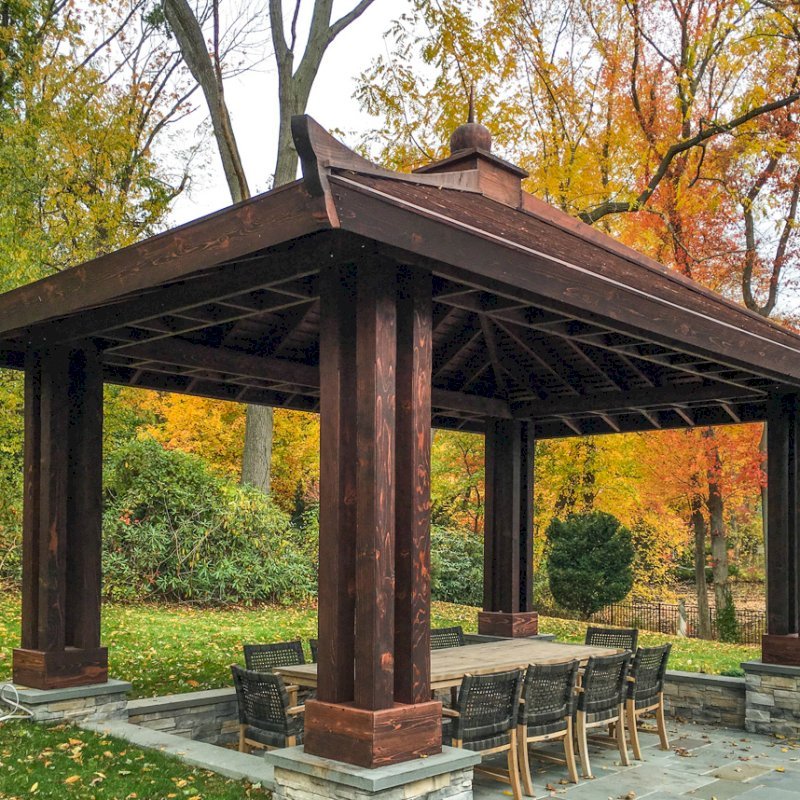 Asian Fusion Pavilion (Options: 22 ft L x 16 ft W, Mature Redwood, 6-Asian Fusion Anchoring Selts, No Electrical Wiring Trim, 10 ft H, No Ceiling Fan, No Privacy Panels, No Curtaind Rods, Coffee-Stain Sealant). Asian Fusion Pavilion (Options: 22 ft L x 16 ft W, Mature Redwood, 6-Asian Fusion Anchoring Selts, No Electrical Wiring Trim, 10 ft H, No Ceiling Fan, No Privacy Panels, No Curtaind Rods, Coffee-Stain Sealant).
