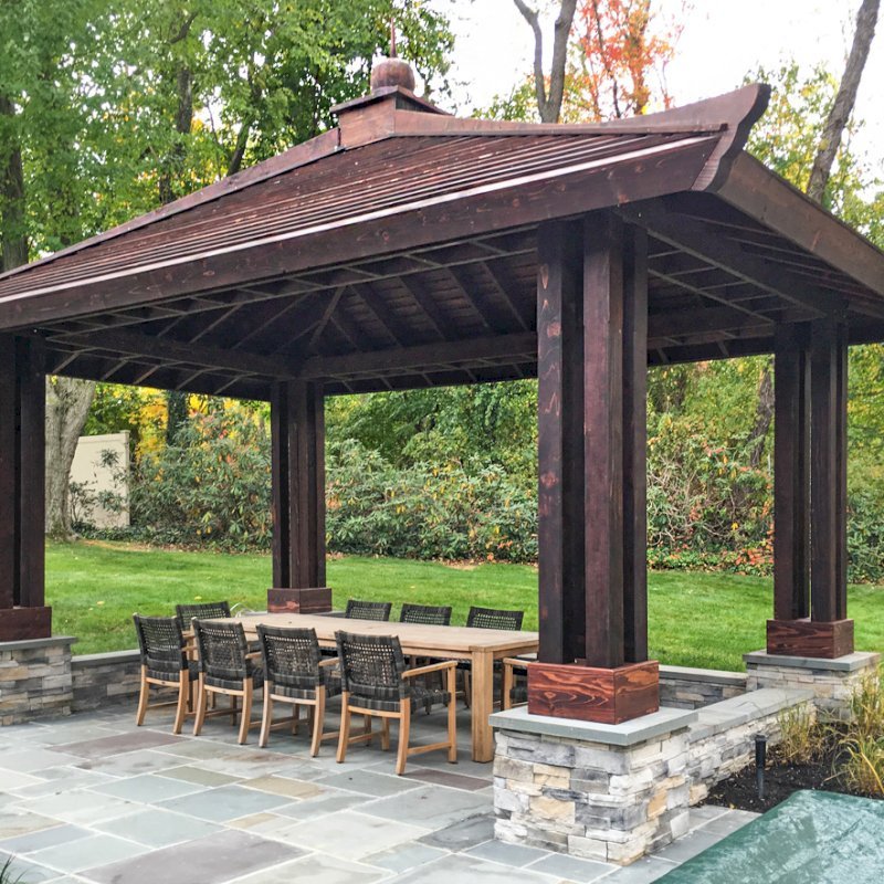 Asian Fusion Pavilion (Options: 22 ft L x 16 ft W, Mature Redwood, 6-Asian Fusion Anchoring Selts, No Electrical Wiring Trim, 10 ft H, No Ceiling Fan, No Privacy Panels, No Curtaind Rods, Coffee-Stain Sealant). Asian Fusion Pavilion (Options: 22 ft L x 16 ft W, Mature Redwood, 6-Asian Fusion Anchoring Selts, No Electrical Wiring Trim, 10 ft H, No Ceiling Fan, No Privacy Panels, No Curtaind Rods, Coffee-Stain Sealant).