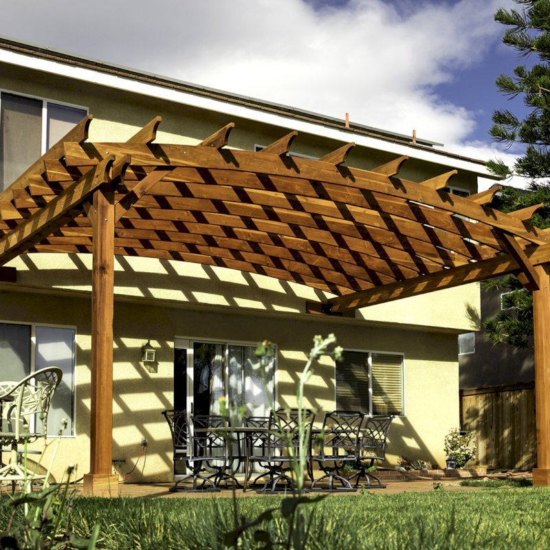Attached Arched Pergola Kits (Options: 20' L x 15' W, California Redwood, No Electrical Wiring Trim, Arched Roof without Lattice Panels, 2-Post Anchor Kit for Concrete, No Ceiling Fan Base, No Privacy Panels, No Curtain Rods, 10' Post Height, Transparent Premium Sealant). Photo Courtesy of C. Thompson of Corona, CA. Attached Arched Pergola Kits (Options: 20' L x 15' W, California Redwood, No Electrical Wiring Trim, Arched Roof without Lattice Panels, 2-Post Anchor Kit for Concrete, No Ceiling Fan Base, No Privacy Panels, No Curtain Rods, 10' Post Height, Transparent Premium Sealant). Photo Courtesy of C. Thompson of Corona, CA.
