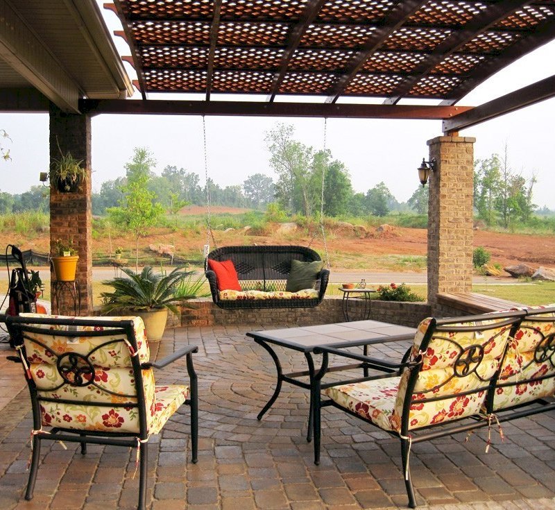 Attached Arched Pergola Kits (Options: 14' L x 18' W, California Redwood, No Electrical Wiring Trim, Arched Roof with Lattice Panels, Widthwise Roof Support Timbers, 2-Post Kit for Concrete, No Ceiling Fan Base, No Privacy Panels, No Curtain Rods, 9' Post Height, Transparent Premium Sealant). Posts wrapped in masonry. Photo courtesy of Mr. Brandon Campbell of Lenoir City, Tennessee. Attached Arched Pergola Kits (Options: 14' L x 18' W, California Redwood, No Electrical Wiring Trim, Arched Roof with Lattice Panels, Widthwise Roof Support Timbers, 2-Post Kit for Concrete, No Ceiling Fan Base, No Privacy Panels, No Curtain Rods, 9' Post Height, Transparent Premium Sealant). Posts wrapped in masonry. Photo courtesy of Mr. Brandon Campbell of Lenoir City, Tennessee.