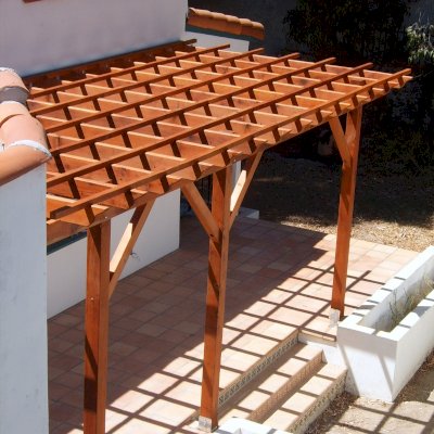 Attached Garden Pergolas (Options: 22' L x 10' W, Attached to Wall by Support Side, Mature Redwood, No Electrical Wiring Trim, Open Roof with Slats at 18", 3-Post Anchor Kit for Concrete, Transparent Premium Sealant).