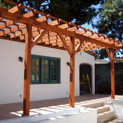 Attached Garden Pergolas (Options: 22' L x 10' W, Attached to Wall by Support Side, Mature Redwood, No Electrical Wiring Trim, Open Roof with Slats at 18", 3-Post Anchor Kit for Concrete, Transparent Premium Sealant).