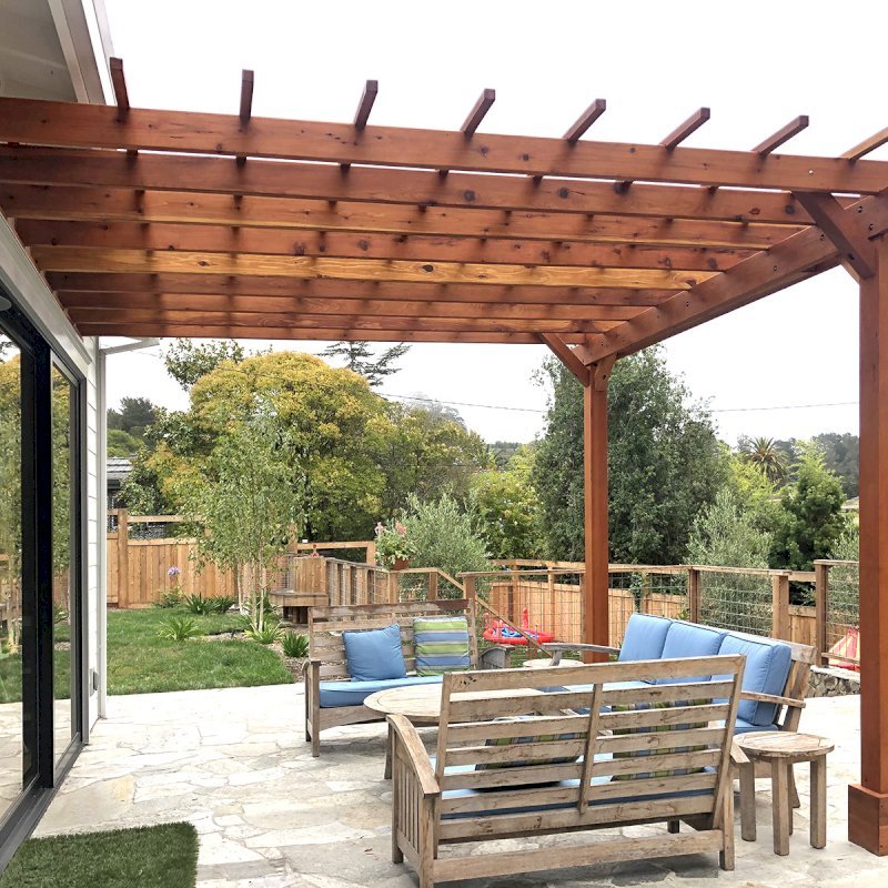 Attached Garden Pergola (Options: 14' x 13', California Redwood, Open Roof with Slats at 18", Rafters at 18", 2-Post Anchor Kit for Concrete, No Ceiling Fan Base, Transparent Premium Sealant). Photo Courtesy of B. Tewksbury of Mill Valley, California. Attached Garden Pergola (Options: 14' x 13', California Redwood, Open Roof with Slats at 18", Rafters at 18", 2-Post Anchor Kit for Concrete, No Ceiling Fan Base, Transparent Premium Sealant). Photo Courtesy of B. Tewksbury of Mill Valley, California.