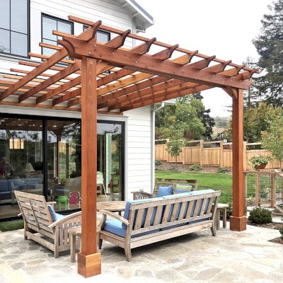 Attached Garden Pergola (Options: 14' x 13', California Redwood, Open Roof with Slats at 18", Rafters at 18", 2-Post Anchor Kit for Concrete, No Ceiling Fan Base, Transparent Premium Sealant). Photo Courtesy of B. Tewksbury of Mill Valley, California.