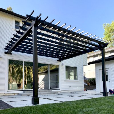 Attached Garden Pergola (Options: 18' x 16', California Redwood, Open Roof with Slats at 12", Rafters at 18", 2-Post Anchor Kit for Concrete, No Ceiling Fan Base, Black Stain Premium Sealant). Photo Courtesy of D. Murphy of San Anselmo, CA.