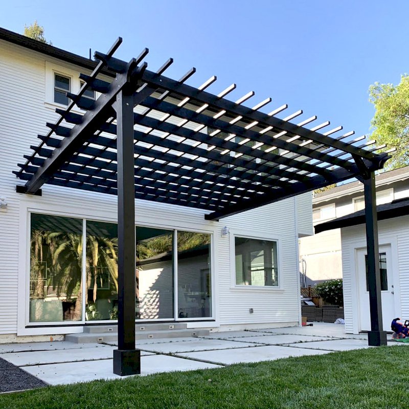 Attached Garden Pergola (Options: 18' x 16', California Redwood, Open Roof with Slats at 12", Rafters at 18", 2-Post Anchor Kit for Concrete, No Ceiling Fan Base, Black Stain Premium Sealant). Photo Courtesy of D. Murphy of San Anselmo, CA. Attached Garden Pergola (Options: 18' x 16', California Redwood, Open Roof with Slats at 12", Rafters at 18", 2-Post Anchor Kit for Concrete, No Ceiling Fan Base, Black Stain Premium Sealant). Photo Courtesy of D. Murphy of San Anselmo, CA.