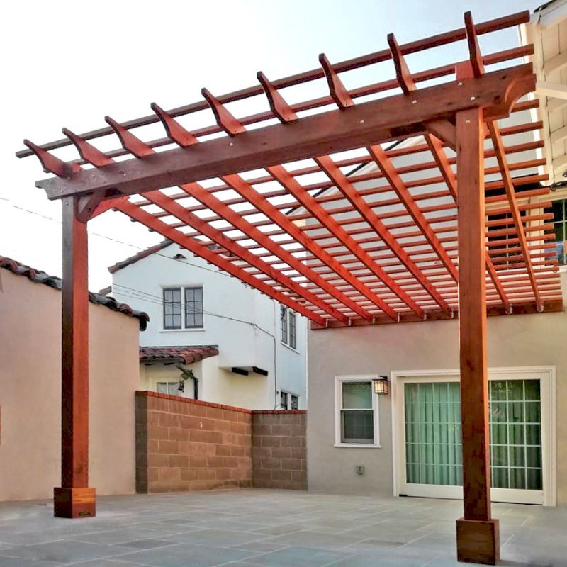 Attached Garden Pergola (Options: 13'-6" x 16'-6", Mature Redwood, Open Roof with Slats at 6", Rafters at 18", 2-Post Anchor Kit for Concrete, No Ceiling Fan Base, Transparent Premium Sealant). Photo Courtesy of J. Mason of Alameda, California. Attached Garden Pergola (Options: 13'-6" x 16'-6", Mature Redwood, Open Roof with Slats at 6", Rafters at 18", 2-Post Anchor Kit for Concrete, No Ceiling Fan Base, Transparent Premium Sealant). Photo Courtesy of J. Mason of Alameda, California.