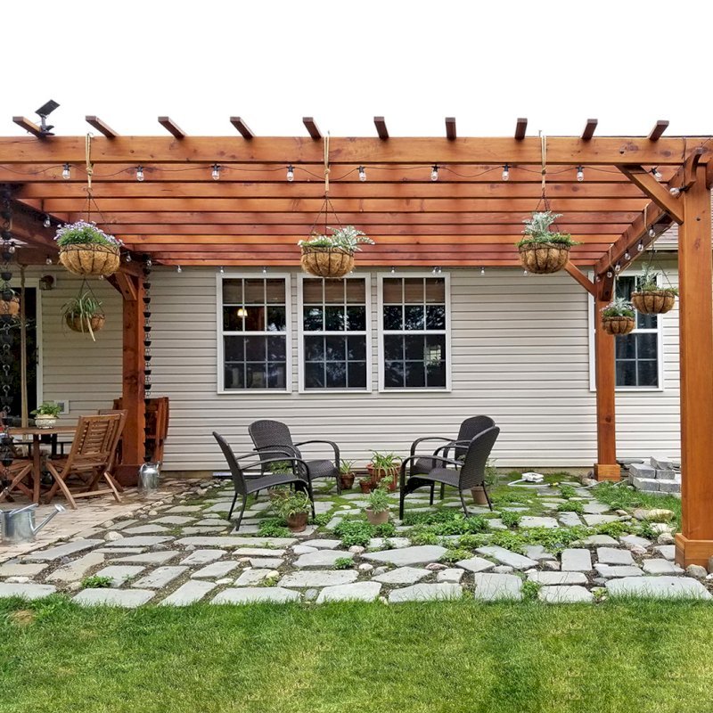 Attached Garden Pergolas (Options: 18' L x 14' W, California Redwood, No Electrical Wiring Trim, 2-Post Anchor Kit for Gale-Wind, Open Roof with Slats at 18", Rafters at 18", No Post Decorative Trims, Transparent Premium Sealant). Pergola Attached to a Del Norte Pavilion. Photo Courtesy of T. Lee of Noblesville, Indiana. Attached Garden Pergolas (Options: 18' L x 14' W, California Redwood, No Electrical Wiring Trim, 2-Post Anchor Kit for Gale-Wind, Open Roof with Slats at 18", Rafters at 18", No Post Decorative Trims, Transparent Premium Sealant). Pergola Attached to a Del Norte Pavilion. Photo Courtesy of T. Lee of Noblesville, Indiana.