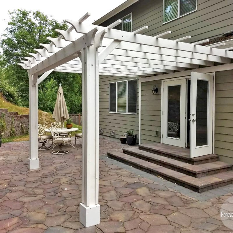 Attached Garden Pergolas (Options: 14' x 14', Attached to Wall by Supports Side, Douglas-fir, Electrical Wiring Trim for 2 Posts, Open Roof with Slats at 18", Vertical Decorative Trims on Posts, Off-White Oil-Based Primer). Attached Garden Pergolas (Options: 14' x 14', Attached to Wall by Supports Side, Douglas-fir, Electrical Wiring Trim for 2 Posts, Open Roof with Slats at 18", Vertical Decorative Trims on Posts, Off-White Oil-Based Primer).
