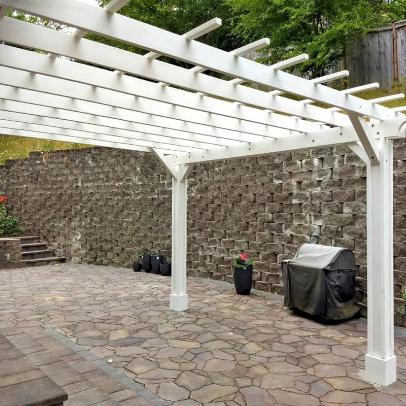 Attached Garden Pergolas (Options: 14' x 14', Attached to Wall by Supports Side, Douglas-fir, Electrical Wiring Trim for 2 Posts, Open Roof with Slats at 18", Vertical Decorative Trims on Posts, Off-White Oil-Based Primer). Attached Garden Pergolas (Options: 14' x 14', Attached to Wall by Supports Side, Douglas-fir, Electrical Wiring Trim for 2 Posts, Open Roof with Slats at 18", Vertical Decorative Trims on Posts, Off-White Oil-Based Primer).