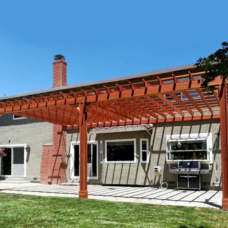 Attached Garden Pergolas (Options: 30' L x 15' W, Attached to Wall by Rafters Side, California Redwood, No Electrical Wiring Trim, 3-Post Anchor Kit for Gale-Wind, Open Roof with Slats at 18", Rafters at 18", No Post Decorative Trims, Transparent Premium Sealant). Photo Courtesy of Sean Canevaro of Milpitas, California. Attached Garden Pergolas (Options: 30' L x 15' W, Attached to Wall by Rafters Side, California Redwood, No Electrical Wiring Trim, 3-Post Anchor Kit for Gale-Wind, Open Roof with Slats at 18", Rafters at 18", No Post Decorative Trims, Transparent Premium Sealant). Photo Courtesy of Sean Canevaro of Milpitas, California.