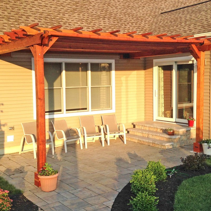 Attached Garden Pergolas (Options: 12' x 18', Attached to Wall by Rafters Side, California Redwood, No Electrical Wiring Trim, Open Roof with Slats at 18", Transparent Premium Sealant). Attached Garden Pergolas (Options: 12' x 18', Attached to Wall by Rafters Side, California Redwood, No Electrical Wiring Trim, Open Roof with Slats at 18", Transparent Premium Sealant).