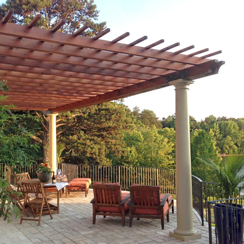 Attached Garden Pergolas (Options: 30' L x 14' W, Mature Redwood, No Electrical Wiring Trim, Open Roof with Slats at 12", Posts Wrapped with Columns After Installation, Transparent Premium Sealant). Photo Courtesy of Casey Graybeal of Gainesville, Georgia. Attached Garden Pergolas (Options: 30' L x 14' W, Mature Redwood, No Electrical Wiring Trim, Open Roof with Slats at 12", Posts Wrapped with Columns After Installation, Transparent Premium Sealant). Photo Courtesy of Casey Graybeal of Gainesville, Georgia.
