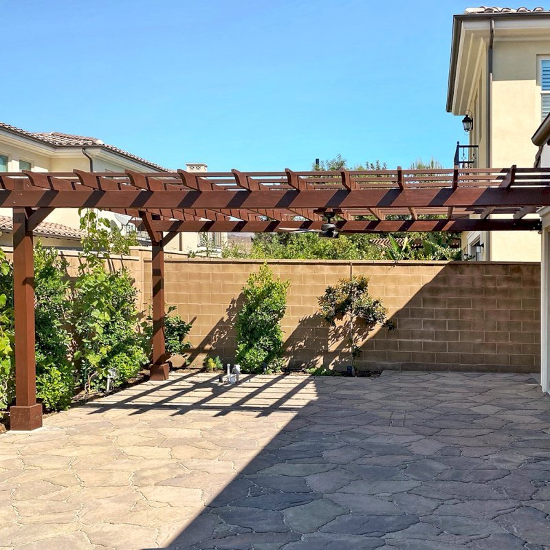 Attached Garden Pergolas (Options: 20' x 16', Douglas-fir, Open Roof with Slats at 18", Rafters at 18", 2-Post Anchor Kit for Concrete, 1 Ceiling Fan Base, Custom Paint). Photo Courtesy of M. Ibrahim Elfar of Irvine, California. Attached Garden Pergolas (Options: 20' x 16', Douglas-fir, Open Roof with Slats at 18", Rafters at 18", 2-Post Anchor Kit for Concrete, 1 Ceiling Fan Base, Custom Paint). Photo Courtesy of M. Ibrahim Elfar of Irvine, California.