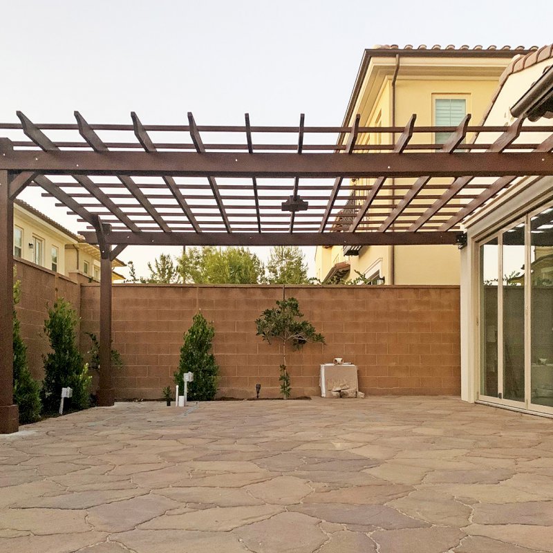 Attached Garden Pergolas (Options: 10' x 12', California Redwood, Open Roof with Slats at 18", Rafters at 18", 2-Post Anchor Kit for Concrete, 1 Ceiling Fan Base, Transparent Premium Sealant). Photo Courtesy of M. Ibrahim Elfar of Irvine, California. Attached Garden Pergolas (Options: 10' x 12', California Redwood, Open Roof with Slats at 18", Rafters at 18", 2-Post Anchor Kit for Concrete, 1 Ceiling Fan Base, Transparent Premium Sealant). Photo Courtesy of M. Ibrahim Elfar of Irvine, California.