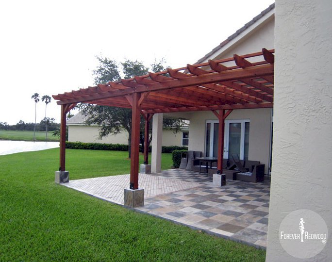 Attached Garden Pergolas (Options: 26' L x 15' W, Attached to Wall by Rafters Side, Mature Redwood, No Electrical Wiring Trim, Open Roof with Slats at 18", 4-Post Anchor Kit for Concrete, Transparent Premium Sealant). Attached Garden Pergolas (Options: 26' L x 15' W, Attached to Wall by Rafters Side, Mature Redwood, No Electrical Wiring Trim, Open Roof with Slats at 18", 4-Post Anchor Kit for Concrete, Transparent Premium Sealant).