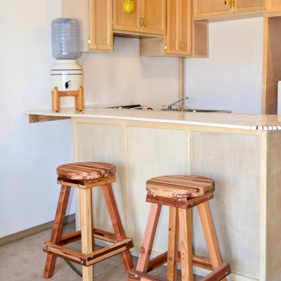 Backless Wood Bar Stool (Options: 29" H, Mosaic Redwood, Round Seat, 4 Legs, No Engraving, Transparent Premium Sealant). 