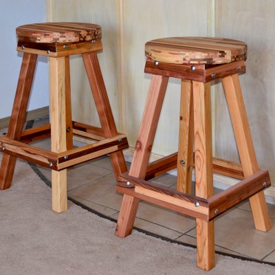 Backless Wood Bar Stool (Options: 29" H, Mosaic Redwood, Round Seat, 4 Legs, No Engraving, Transparent Premium Sealant).