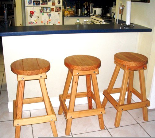 3 Backless Wood Bar Stool (Options: 36" H, Douglas-fir, Round 15" Diameter Seat, 4 Legs, No Engraving, Transparent Premium Sealant). Photo Courtesy of Norma and Pete Zayas of Miami, Florida. 3 Backless Wood Bar Stool (Options: 36" H, Douglas-fir, Round 15" Diameter Seat, 4 Legs, No Engraving, Transparent Premium Sealant). Photo Courtesy of Norma and Pete Zayas of Miami, Florida.