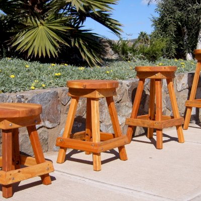 4 Backless Wood Bar Stool Standard Sizes Available: (Options: 19", 24", 29" and 36" H, California Redwood, Round 15" Diameter Seat, 4 Legs, No Engraving, Transparent Premium Sealant)
