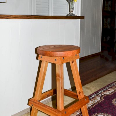Backless Wood Bar Stool (Options: 29"H, Douglas-Fir, Round 15" Diameter Seat, 4 legs, No Engraving, Transparent Premium Sealant).