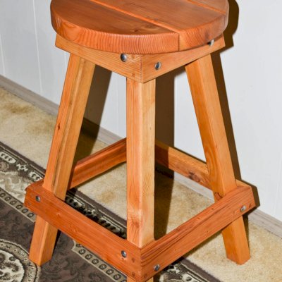 Backless Wood Bar Stool (Options: 29"H, Douglas-Fir, Round 15" Diameter Seat, 4 legs, No Engraving, Transparent Premium Sealant).