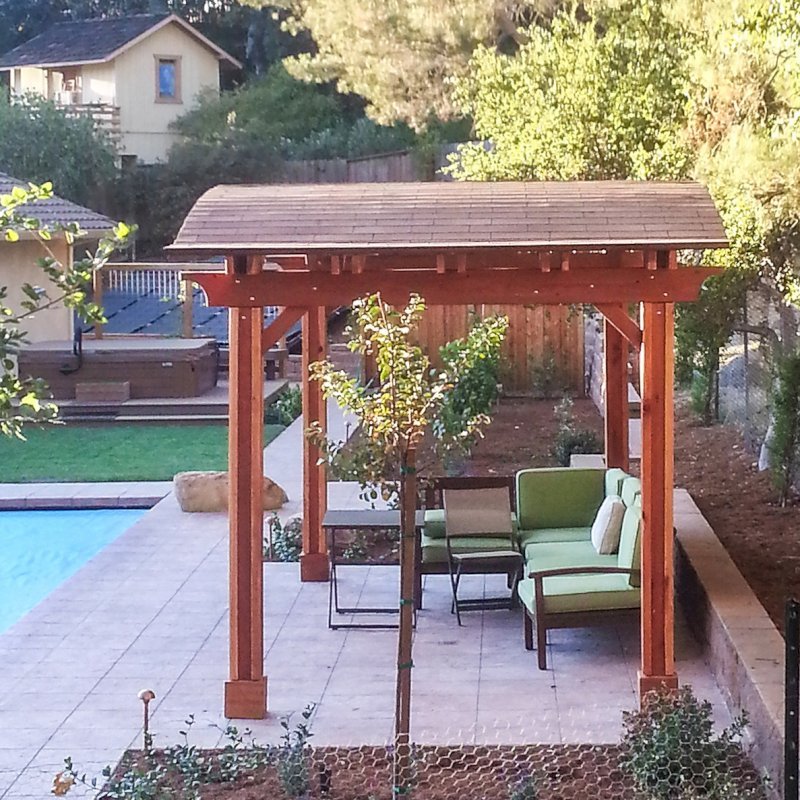 Backyard Pavilion Kits (Options: 10' x 18', California Redwood, No Electrical Wiring Trim Kit, 4 Post Anchor Kit for Concrete, No Ceiling Fan Base, No Privacy Panels, No Curtain Rods, 8.5 ft Post Height, Transparent Premium Sealant). Photo Courtesy of Susan Peters of Novato, CA. Backyard Pavilion Kits (Options: 10' x 18', California Redwood, No Electrical Wiring Trim Kit, 4 Post Anchor Kit for Concrete, No Ceiling Fan Base, No Privacy Panels, No Curtain Rods, 8.5 ft Post Height, Transparent Premium Sealant). Photo Courtesy of Susan Peters of Novato, CA.