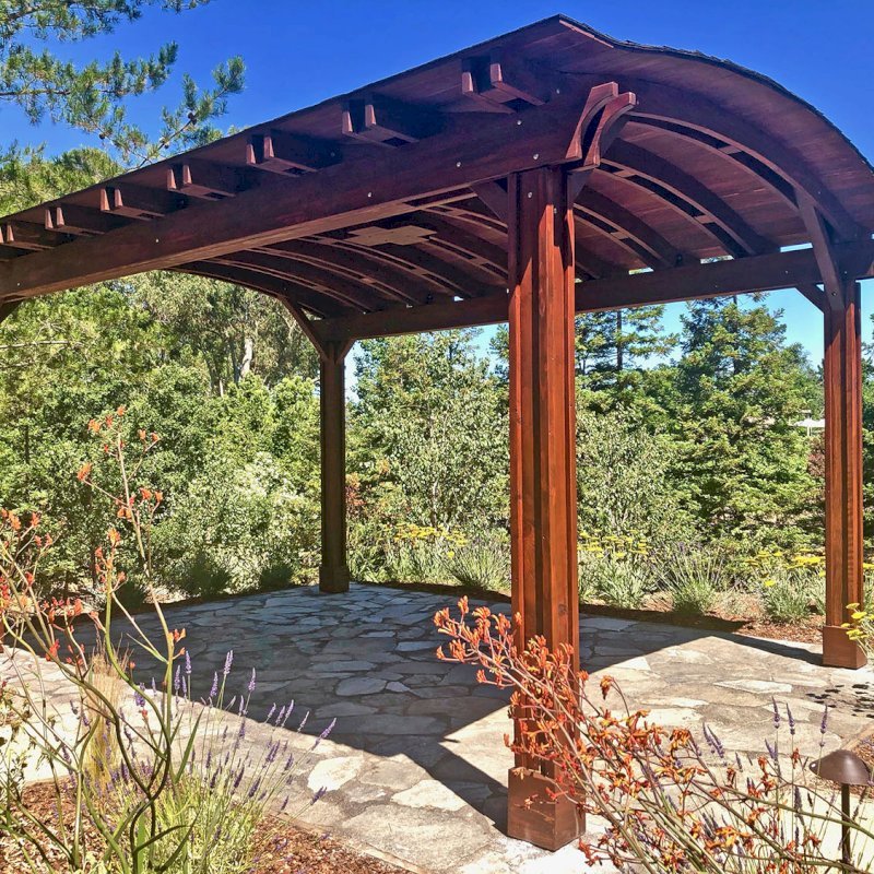 Backyard Pavilion Kits (Options: 20' L x 14' Arc W, California Redwood, 1 Electrical Wiring Trim, 4 Post Anchor Kit for Gale-Wind, 1 Ceiling Fan Base, No Privacy Panels, No Curtain Rods, 9.5 ft Post Height, Transparent Premium Sealant). Photo Courtesy of G. Fanton of Portola Valley , California Backyard Pavilion Kits (Options: 20' L x 14' Arc W, California Redwood, 1 Electrical Wiring Trim, 4 Post Anchor Kit for Gale-Wind, 1 Ceiling Fan Base, No Privacy Panels, No Curtain Rods, 9.5 ft Post Height, Transparent Premium Sealant). Photo Courtesy of G. Fanton of Portola Valley , California