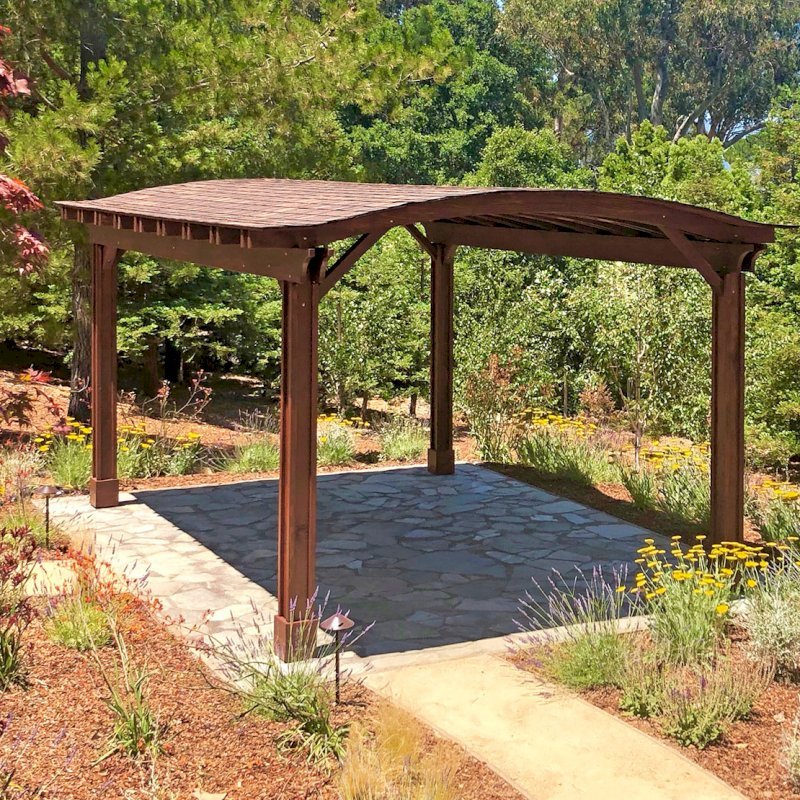Backyard Pavilion Kits (Options: 20' L x 14' Arc W, California Redwood, 1 Electrical Wiring Trim, 4 Post Anchor Kit for Gale-Wind, 1 Ceiling Fan Base, No Privacy Panels, No Curtain Rods, 9.5 ft Post Height, Transparent Premium Sealant). Photo Courtesy of G. Fanton of Portola Valley , California Backyard Pavilion Kits (Options: 20' L x 14' Arc W, California Redwood, 1 Electrical Wiring Trim, 4 Post Anchor Kit for Gale-Wind, 1 Ceiling Fan Base, No Privacy Panels, No Curtain Rods, 9.5 ft Post Height, Transparent Premium Sealant). Photo Courtesy of G. Fanton of Portola Valley , California