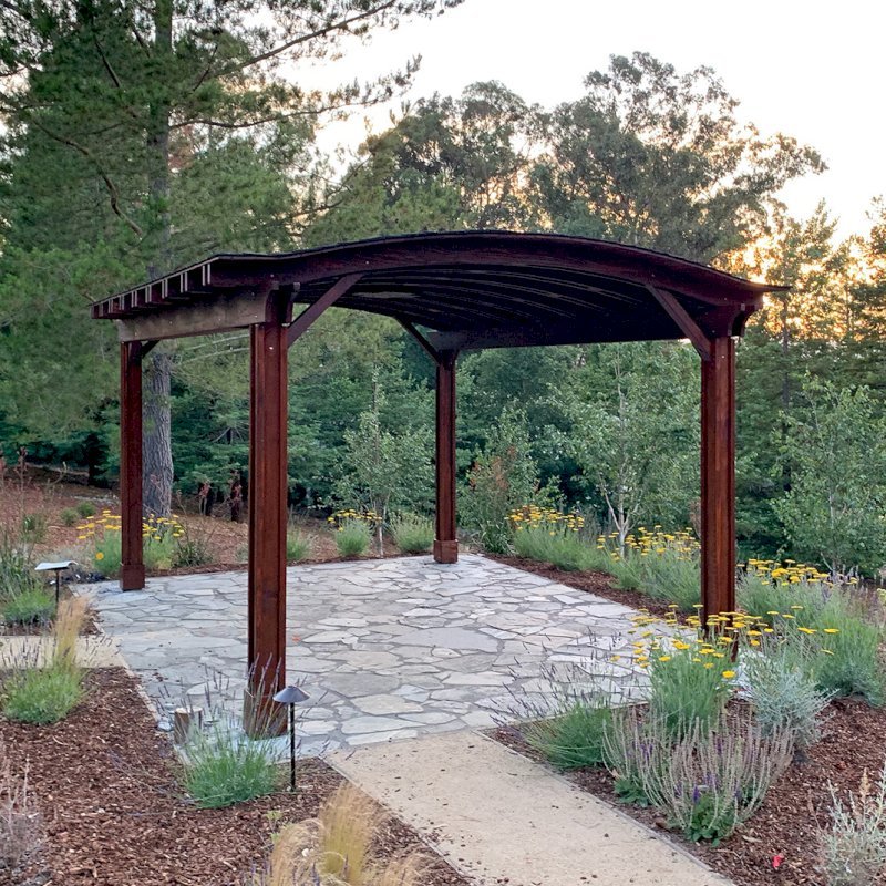 Backyard Pavilion Kits (Options: 20' x 14', California Redwood, No Electrical Wiring Trim, 4-post Anchor Kit for Gale-Wind, 1 Ceiling Fan Base, No Privacy Panels, No Curtain Rods, 9.5 ft Post Height, Coffee-Stain Premium Sealant). Photo Courtesy of G. Fanton of Portola Valley , California. Backyard Pavilion Kits (Options: 20' x 14', California Redwood, No Electrical Wiring Trim, 4-post Anchor Kit for Gale-Wind, 1 Ceiling Fan Base, No Privacy Panels, No Curtain Rods, 9.5 ft Post Height, Coffee-Stain Premium Sealant). Photo Courtesy of G. Fanton of Portola Valley , California.